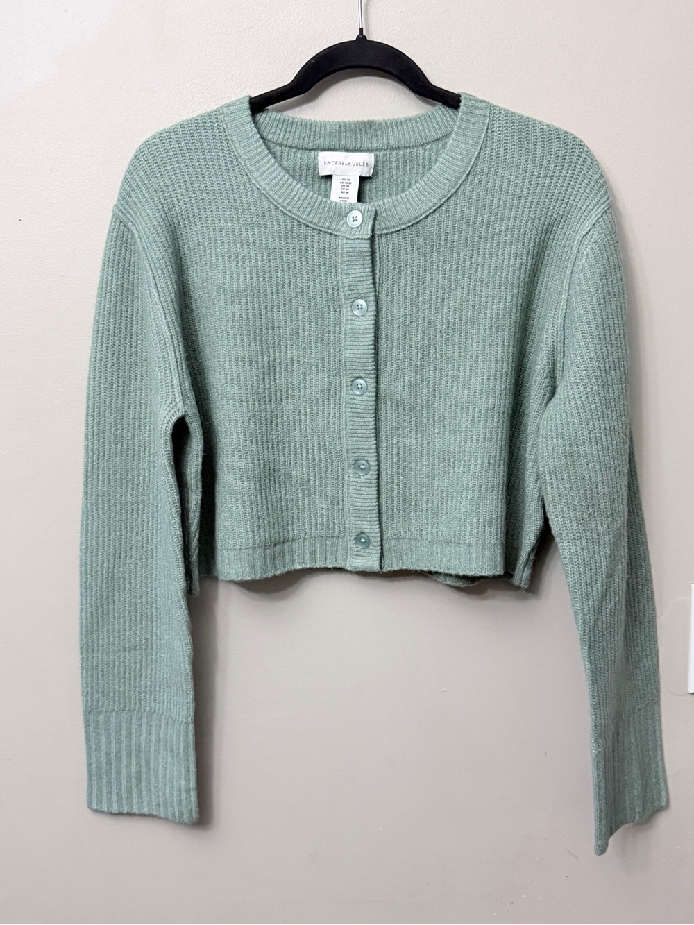 Sincerely Jules Sage Green Ribbed Cropped Cardigan Sweater Size M